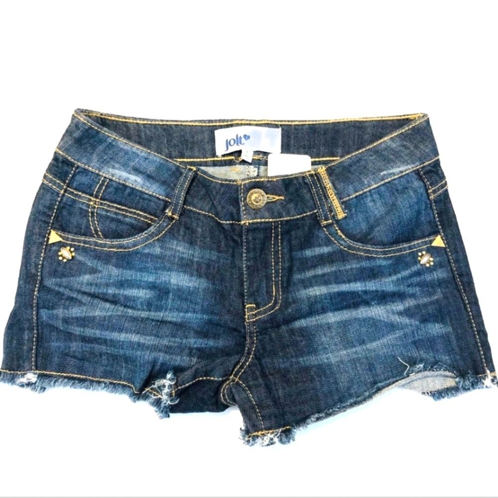 NWT Jolt Distressed Denim Jean Raw Edge Hem Jewel / Stud Accents Junior Size 5